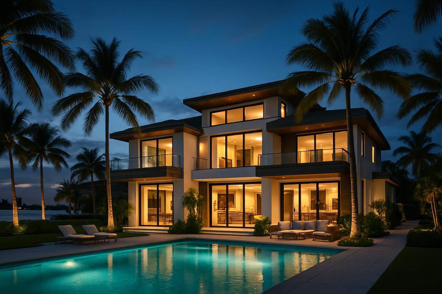 Waterfront estate at twilight